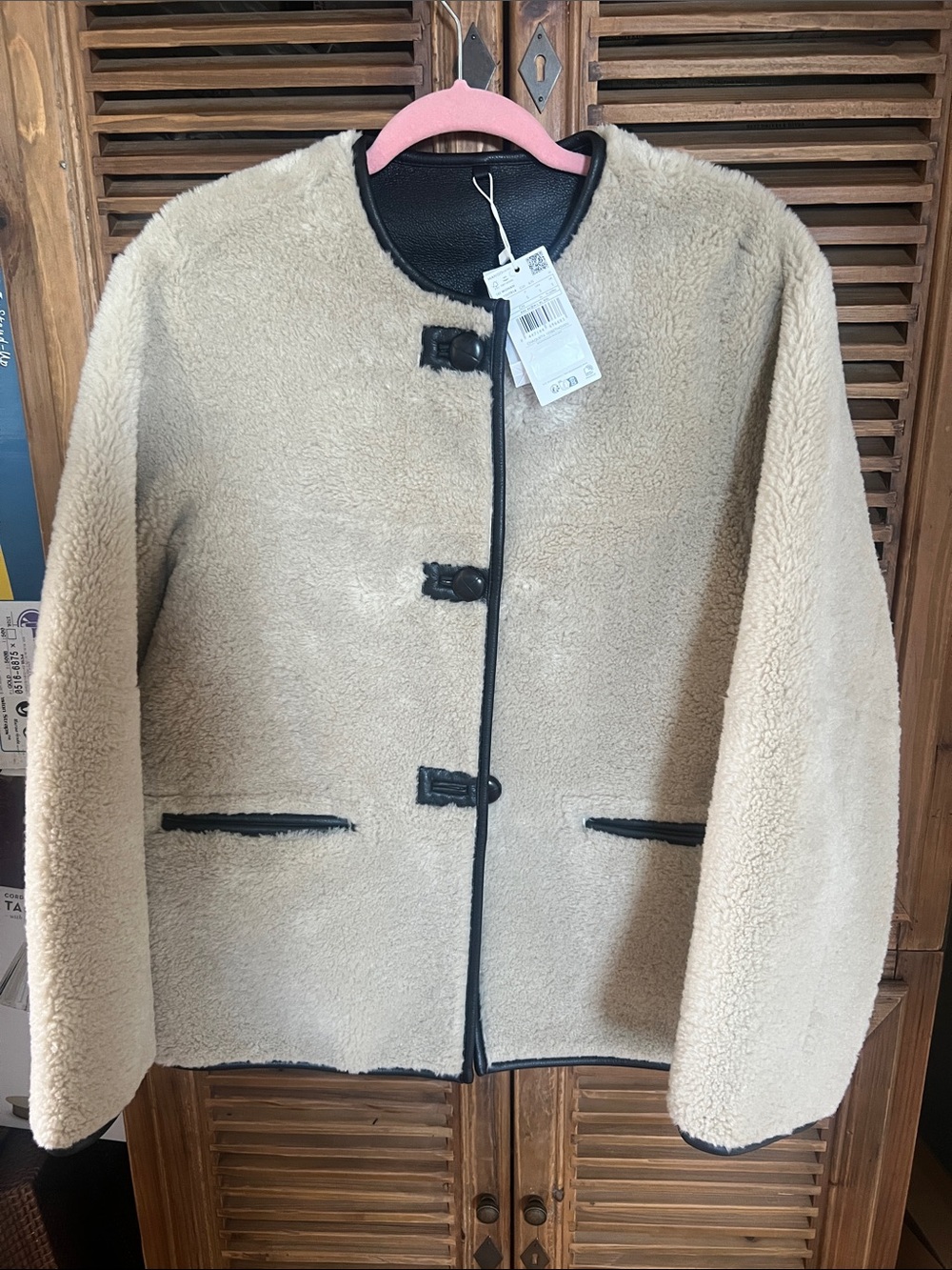 Mango Cream Faux Shearling Teddy Jacket with Black Trim